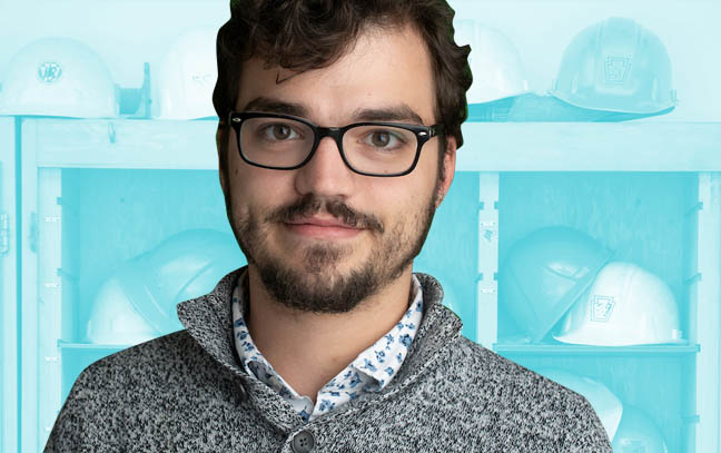 Young Man's face superimposed with cyan background with hard hat supplies