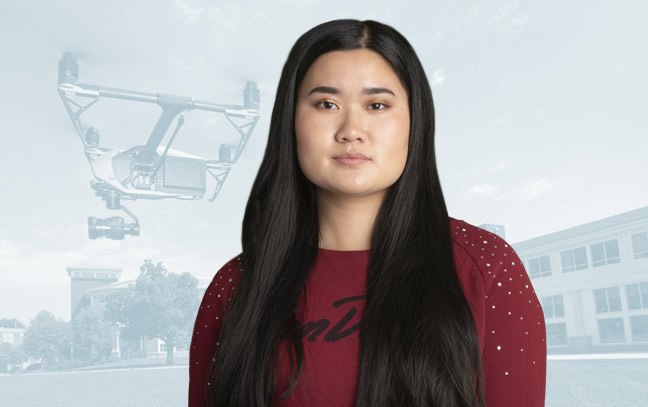 a female student superimposed in front of a blue backdrop with a drone flying in the air