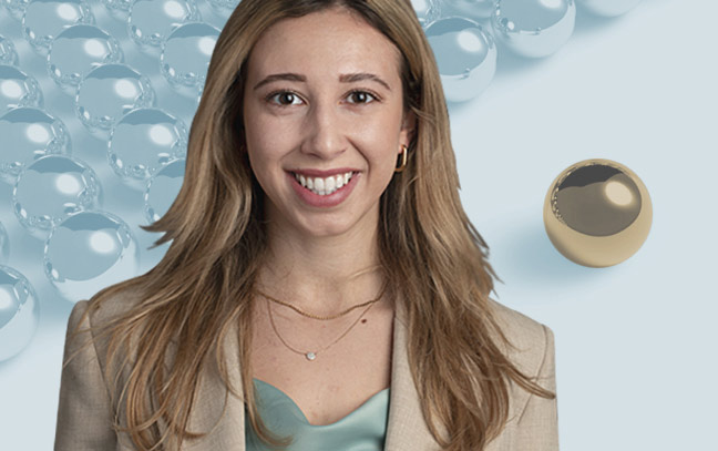 close up of a female student with medical symbols on the background behind her