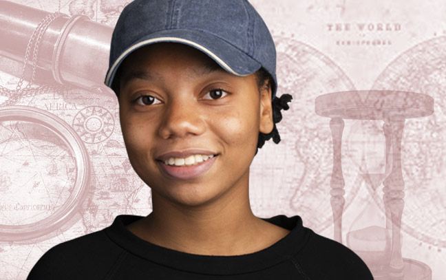 a female student superimposed over a brown backdrop containing maps