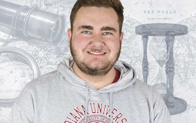 a male student superimposed over a sand blue backdrop containing maps
