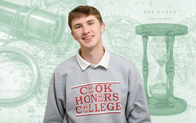 a student superimposed over a green backdrop containing maps