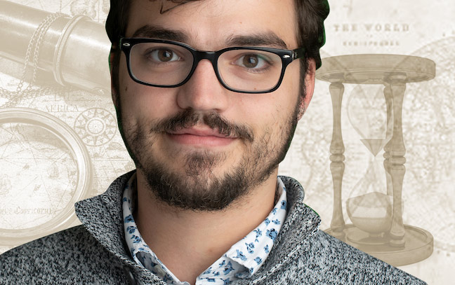 a male student superimposed over a yellow backdrop containing maps