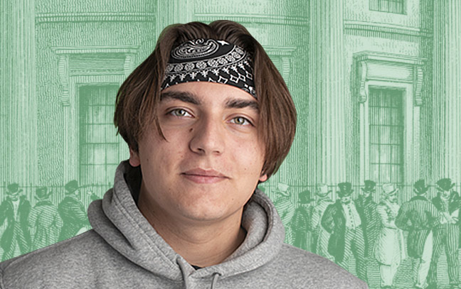 a man's face in front of a green background with an old-fashioned drawing