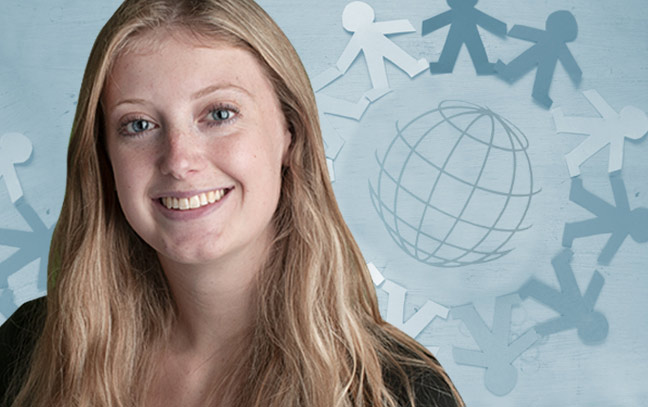 Young woman's face superimposed in front of blue background with figure paper cut-outs circling globes