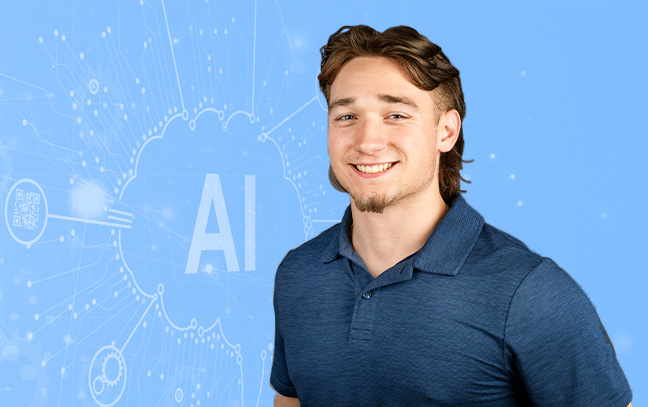 A student in a blue short-sleeved collared short smiles at the camera, with an AI graphic appearing on a light blue background