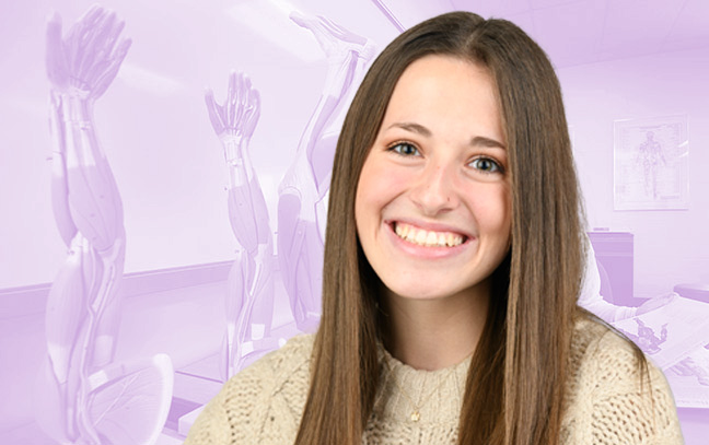 A student being superimposed in front of a pink background showing a room with models of arm muscles.