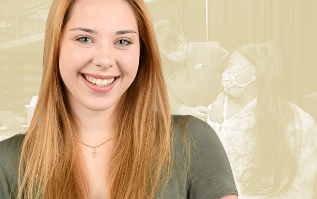 A student being superimposed in front of a butter-yellow background showing students practicing paramedic training.