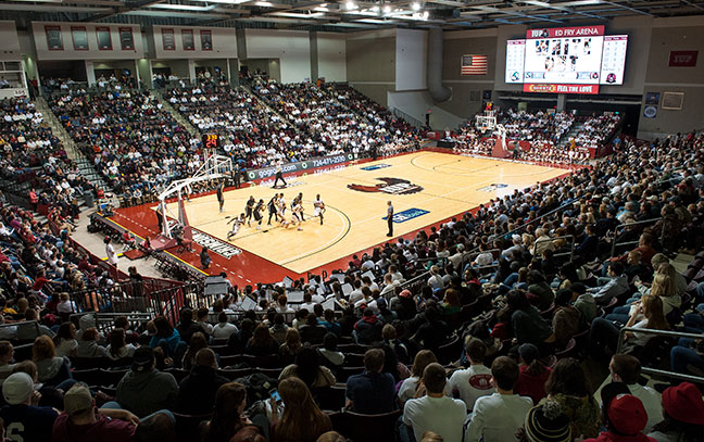 a wide view of the Kovalchick Complex during a basketball game