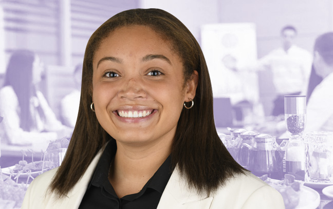 a student smiling in front of a purple clipart backdrop