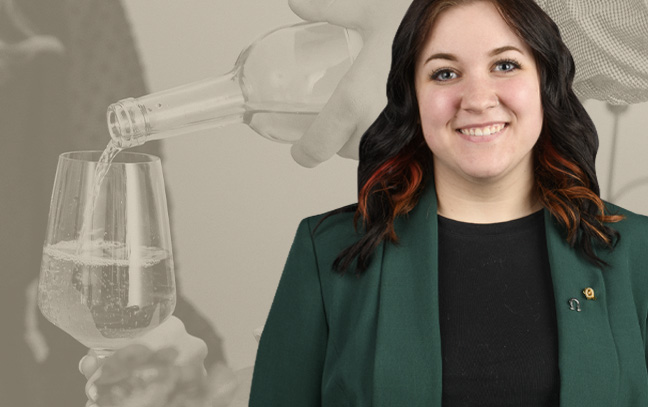 A student being superimposed in front of a yellow background.