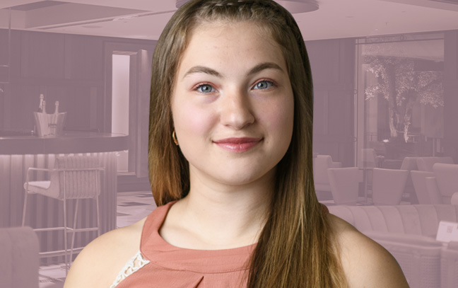 A student being superimposed in front of a magenta background with a room's interior.