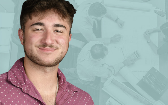 A student being superimposed in front of a turquoise background with people talking at a table.