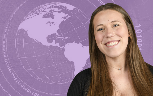 A student being superimposed in front of a purple background with a graph of the globe.