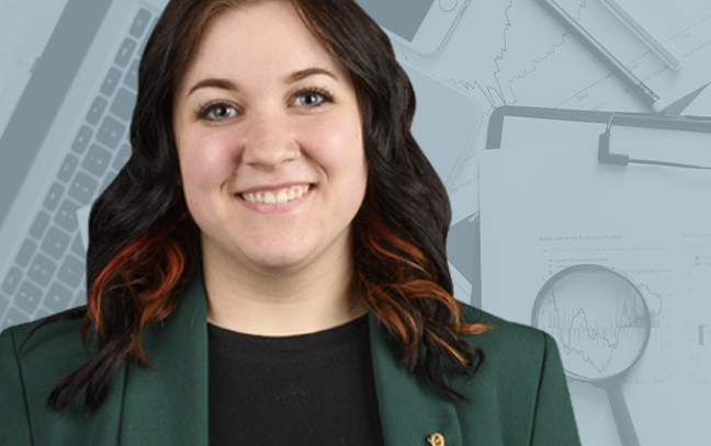 A student being superimposed in front of a faded-turquoise background with office supplies.