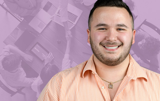 A student being superimposed in front of a purple background showing people working at a table.
