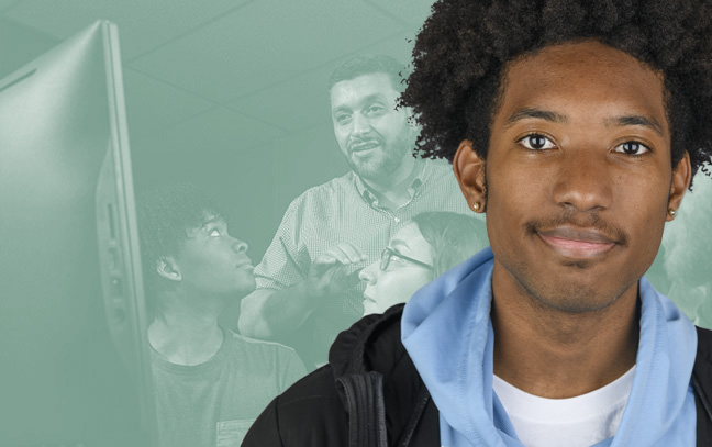 A student being superimposed in front of a teal background showing a teacher standing near a group of students while lecturing.