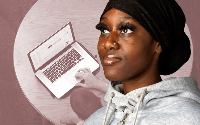A student being superimposed in front of a velvet-colored background showing someone working on a laptop.
