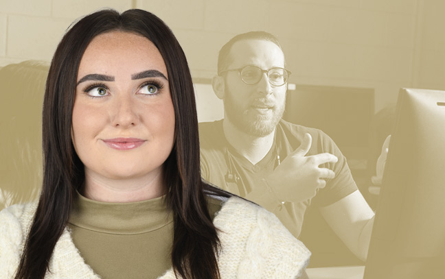 A student being superimposed in front of a yellow background showing students sitting as a teacher lectures.