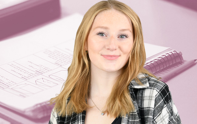 A student being superimposed in front of a magenta background showing notes on a notebook.