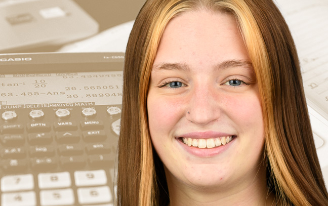 A student being superimposed in front of a muted-orange background showing notes and a calculator.