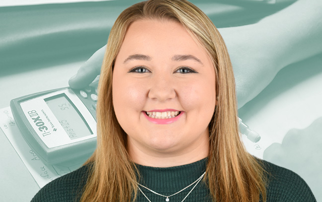 A student being superimposed in front of a teal background showing someone using a calculator.