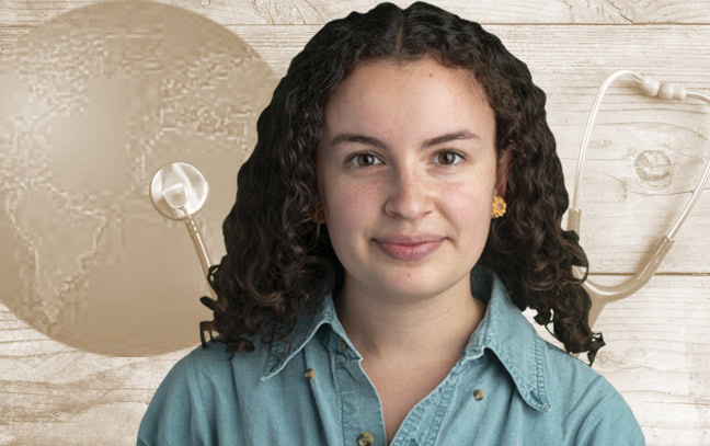 a female student superimposed over a brown backdrop containing a stethoscope and a globe