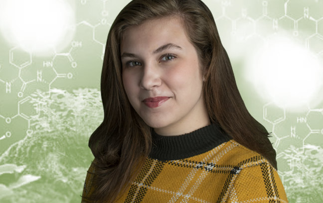 A student being superimposed in front of a green background showing plants and chemical compounds.