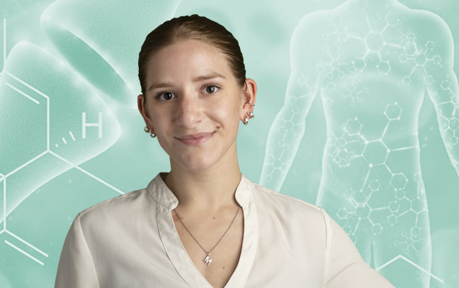 a female student superimposed on a green backdrop of a human body diagram