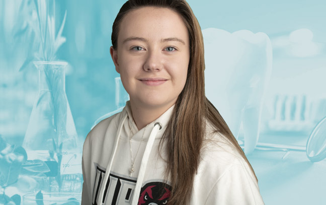 a female student superimposed on a blue backdrop of dentistry equipment