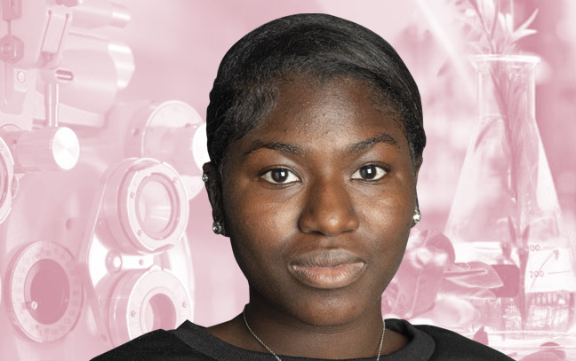 a woman's face in front of a rose background with optometry equipment