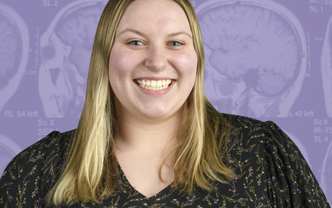 A student superimposed infront of a purple background