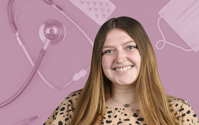 A student being superimposed in front of a purple background.