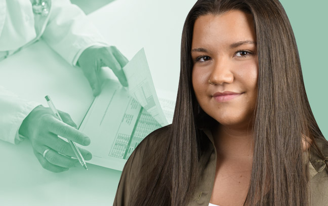 A student being superimposed in front of a spring green background.