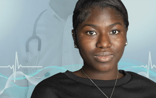 A student being superimposed in front of a teal background.