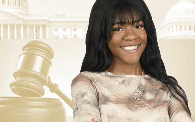 a female student with light yellow court tool background image 