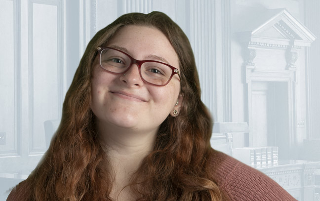 a female student superimposed on a gray backdrop of a court room