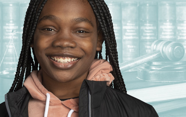 a female student superimposed on a teal backdrop containing law books and a gavel