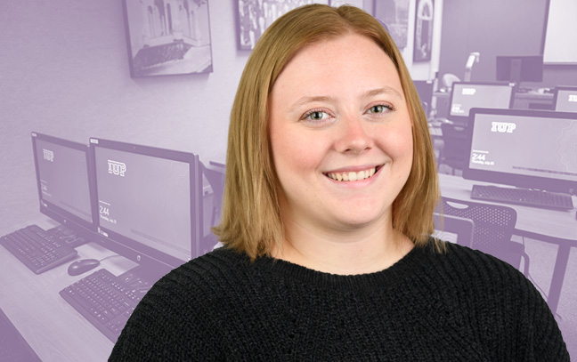 A student being superimposed in front of a purple background showing a computer lab.