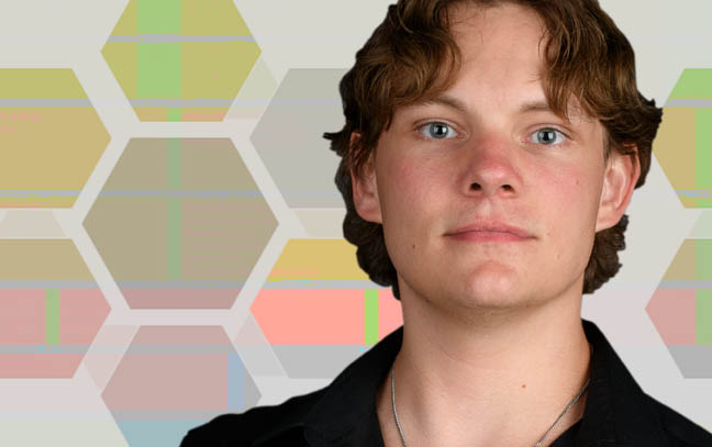 headshot of a student standing in front of an array of multicolored hexagons