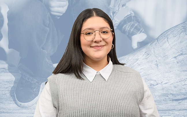 A student being superimposed in front of a blue background showing a kid climbing on a log.