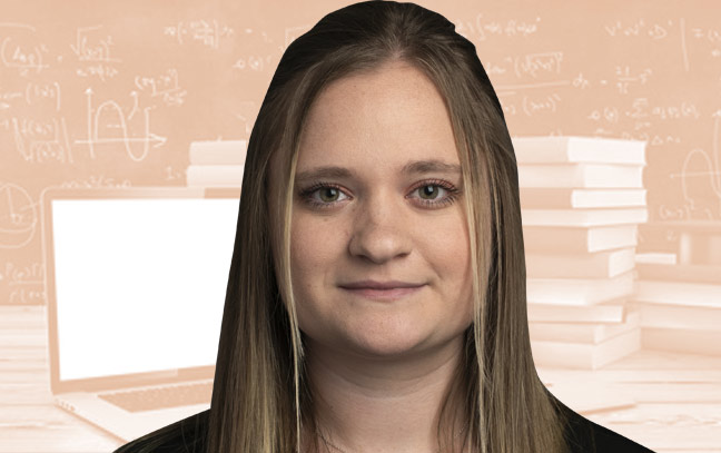 A student being superimposed in front of a peach-colored background showing a laptop and stacks of books in front of a chalkboard.