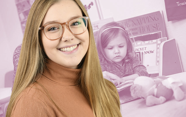A student being superimposed in front of a magenta background showing a teacher and a child reading a book with a child care setting.