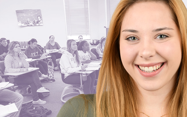 A student being superimposed in front of a violet background showing students in class.