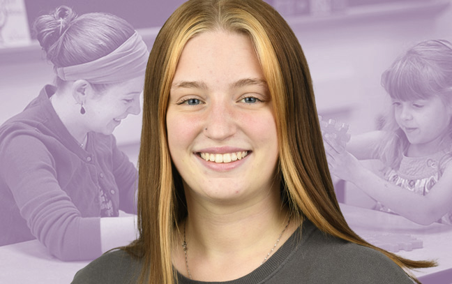 A student being superimposed in front of a purple background showing a student working with young children with toys in a preschool.
