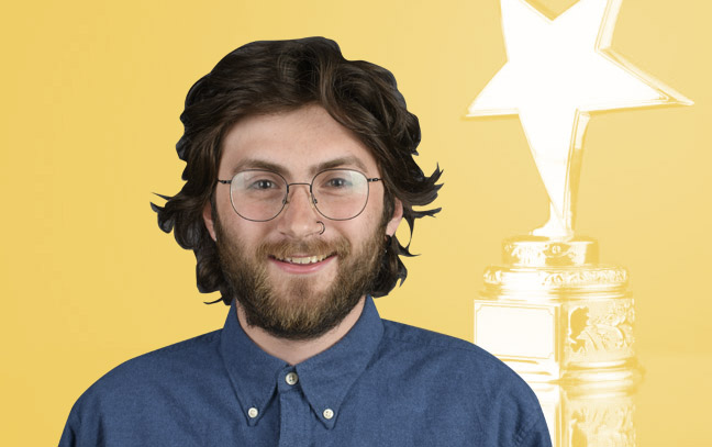 A student being superimposed in front of a yellow background with a trophy with a star.