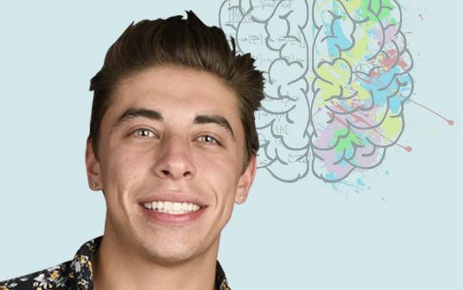 A student being superimposed in front of a blue background with a graph of a brain.