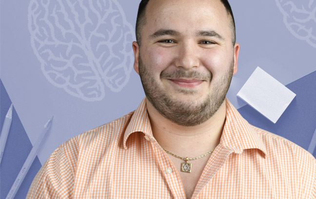 A student being superimposed in front of a blue background.