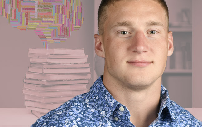 A student being superimposed in front of a pink background with books.