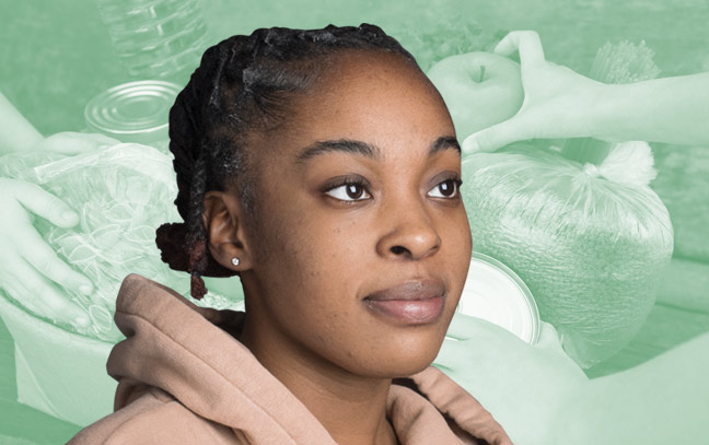 female student looking away from the camera superimposed on a background image of food items